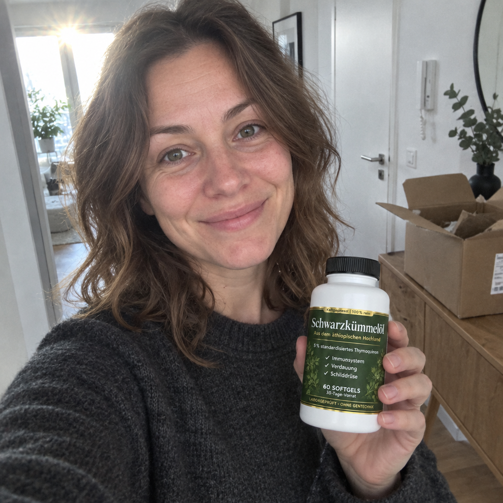 Testimonial-Foto: Frau Mitte 30, hält Dose Schwarzkümmelöl im Flur, Morgenlicht
