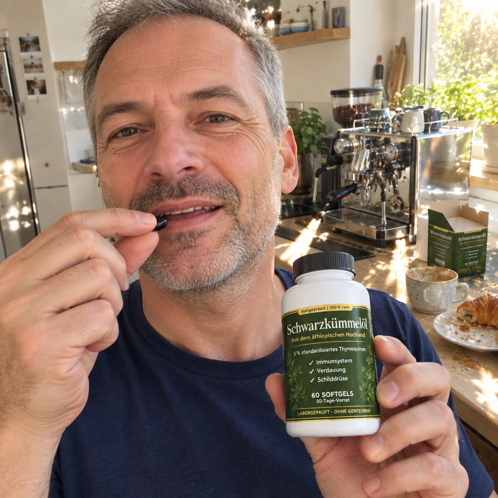 Testimonial-Foto: Mann Ende 40 in der Küche, Dose Schwarzkümmelöl in einer Hand, Softgel in der anderen