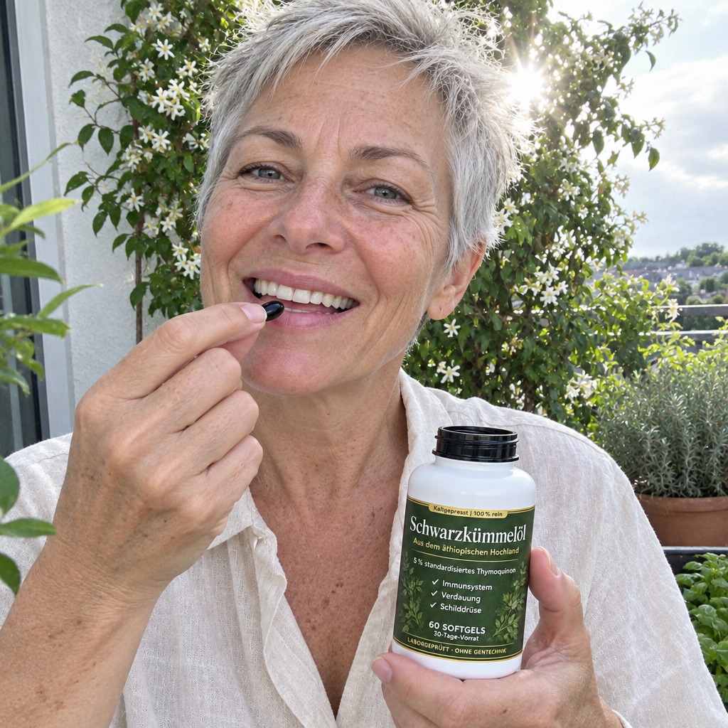 Testimonial-Foto: Frau Ende 50 auf Balkon mit Pflanzen, hält Dose Schwarzkümmelöl und Softgel