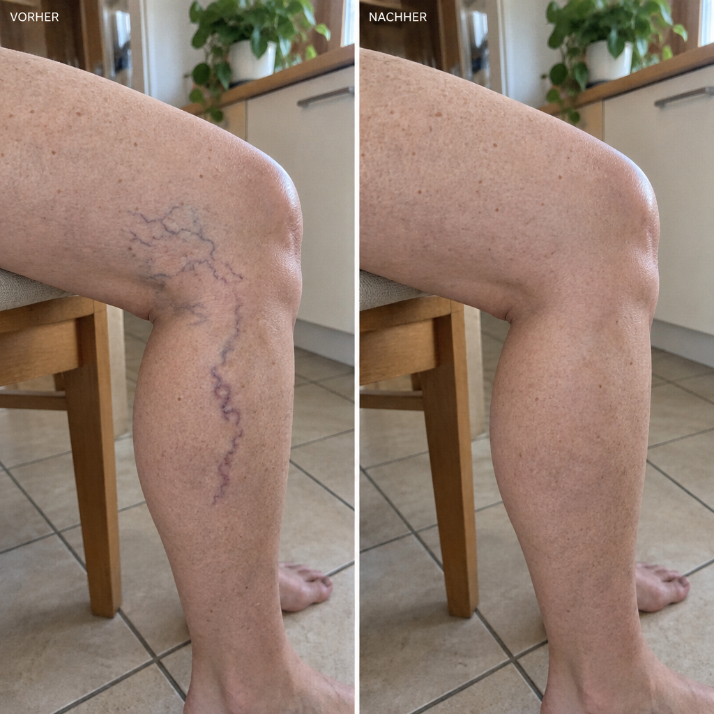 Vorher-Nachher Wunderbalsam: Knie und oberes Schienbein einer Frau Ende 40 am Küchenstuhl, Handyfoto, links mit Besenreisern und Krampfader, rechts glätte Haut