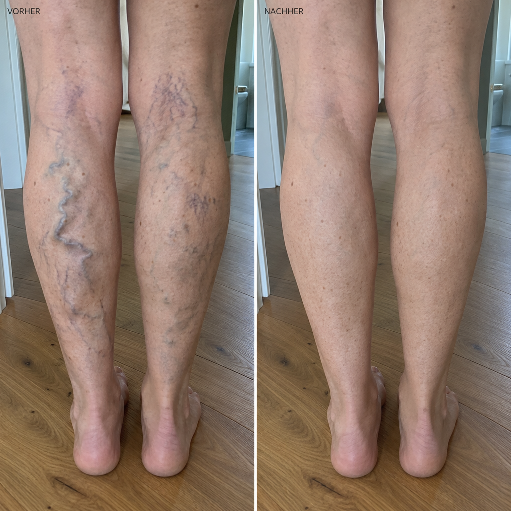Vorher-Nachher Wunderbalsam: Waden von hinten einer Frau Ende 50, links mit mehreren Krampfadern, rechts glätte Haut