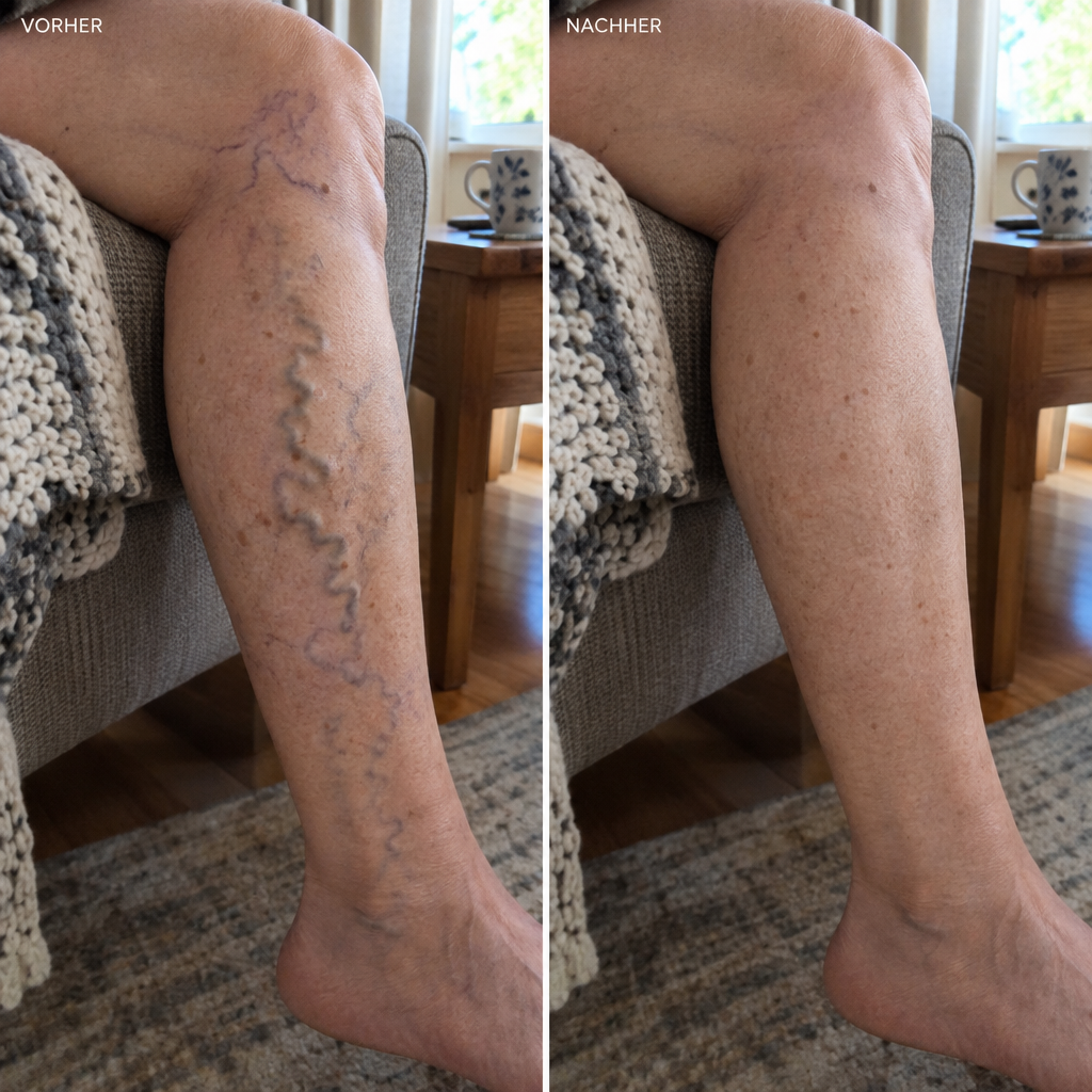 Vorher-Nachher Wunderbalsam: Wade seitlich einer Frau Mitte 60, links mit großer Krampfader, rechts glätte Haut
