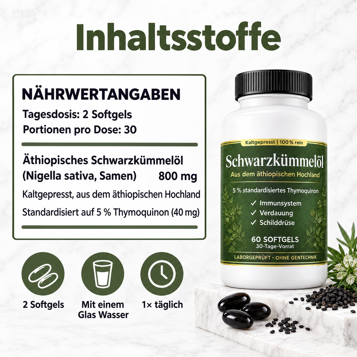 Inhaltsstoffe und Einnahme: 2 Softgels täglich mit einem Glas Wasser