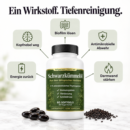 Ein Wirkstoff, fünf Wirkbereiche: Biofilm, Kopfnebel, antimikrobielle Abwehr, Energie, Darmwand