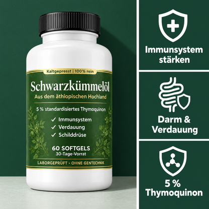 Äthiopisches Schwarzkümmelöl, 60 Softgels: Immunsystem, Darm und Verdauung, 5 % Thymoquinon